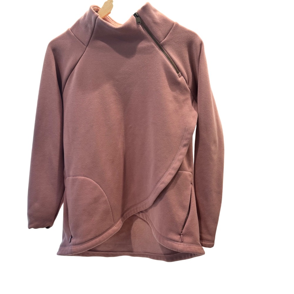 Athleta Cozy Karma Asymmetrical Pullover Fleece Women M rose Pink Thumbholes